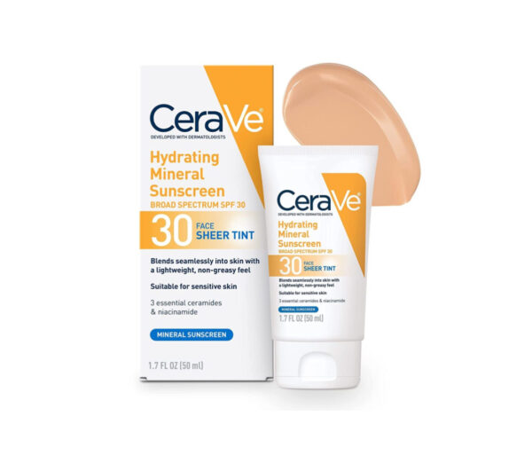 CeraVe Hydrating Face Sunscreen SPF 30, Lightweight Tinted Mineral Sunscreen-2.5oz