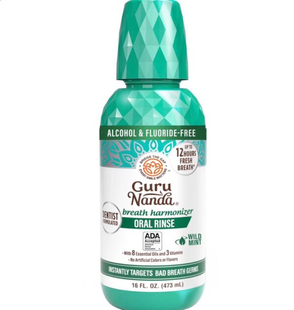 GuruNanda Oral Rinse - Alcohol-Free Mouthwash - Fresh Mint with 7 Essential Oils, Vitamins E, D & K2 - 16 fl oz