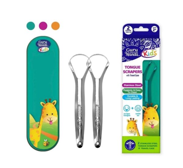 GuruNanda Kids Reusable Stainless Steel Tongue Cleaner, 2-Pack with Travel Case for Oral Hygiene