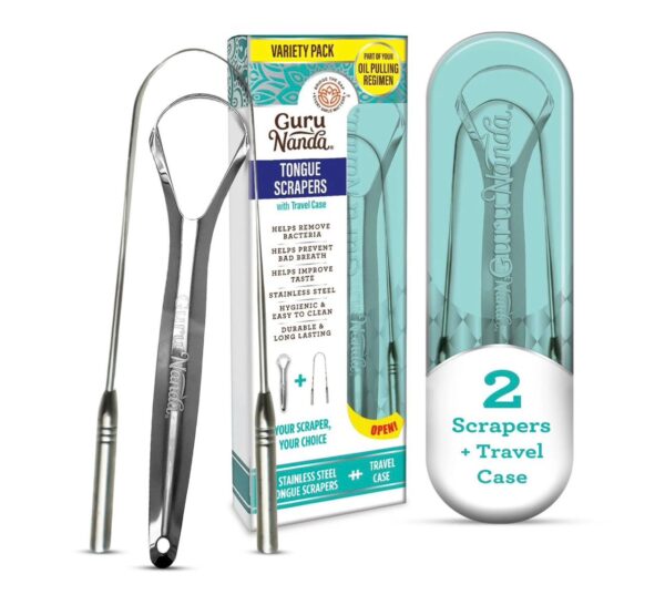 GuruNanda Spoon & U-Shaped Tongue Scraper Variety Pack with Travel Case, Stainless Steel, 2 Pack