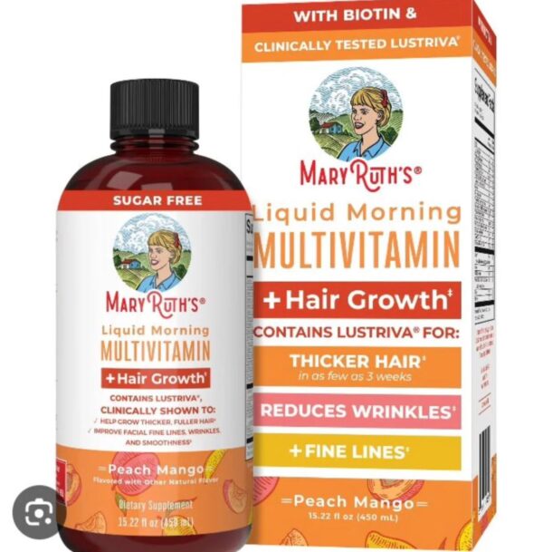 Mary Ruth's Liquid Morning Multivitamin + Hair Growth +Lustrivia -Peach Mango flavor-15.22oz